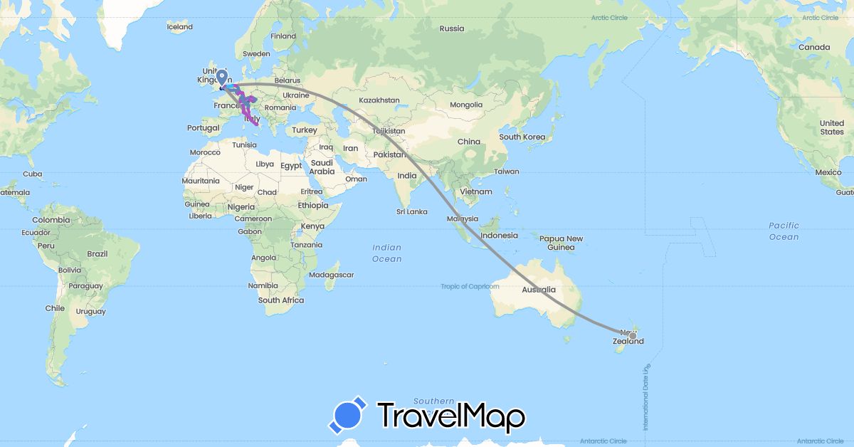 TravelMap itinerary: driving, bus, plane, cycling, train, hiking, boat in Austria, Belgium, Switzerland, Germany, France, United Kingdom, Italy, Luxembourg, Netherlands, New Zealand, Singapore (Asia, Europe, Oceania)